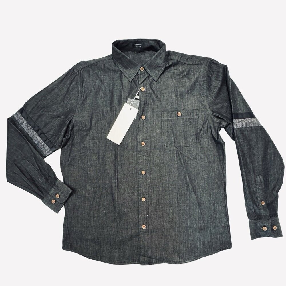 COOFANDY Men's Black Chambray Button Up Shirt Small Deco Arm Trim Casual NEW - Picture 10 of 16